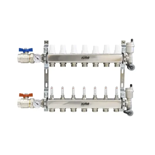 Kit collecteur en acier inoxydable avec régulation manuelle_thermostatique et régulateurs d'arrêt et de débit ICMA