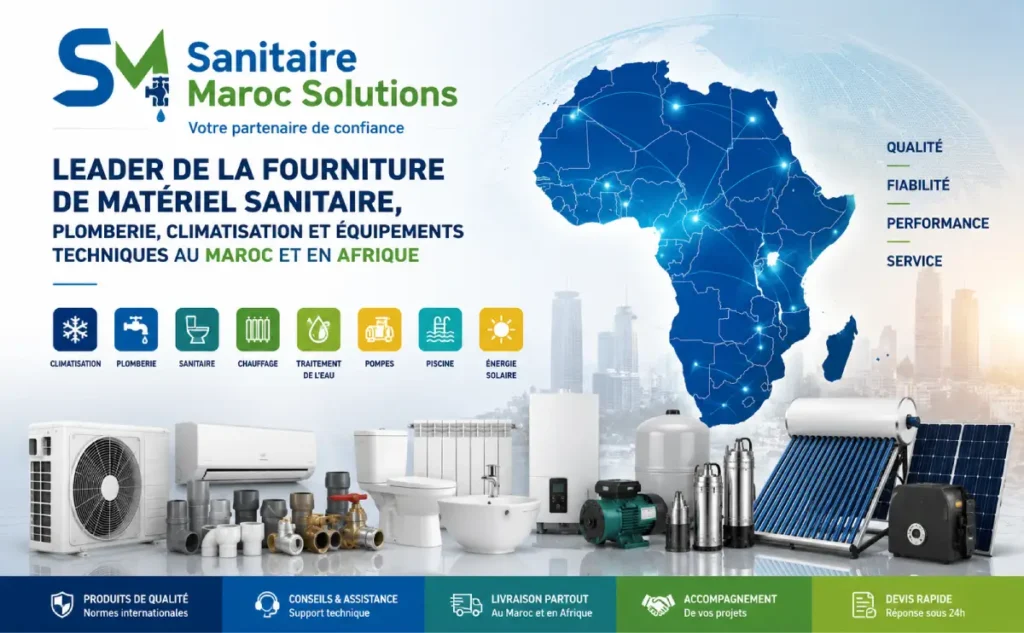 Sanitaire Maroc Solutions – Leader de la Fourniture de Matériel Sanitaire, Plomberie, Climatisation et Équipements Techniques au Maroc et en Afrique